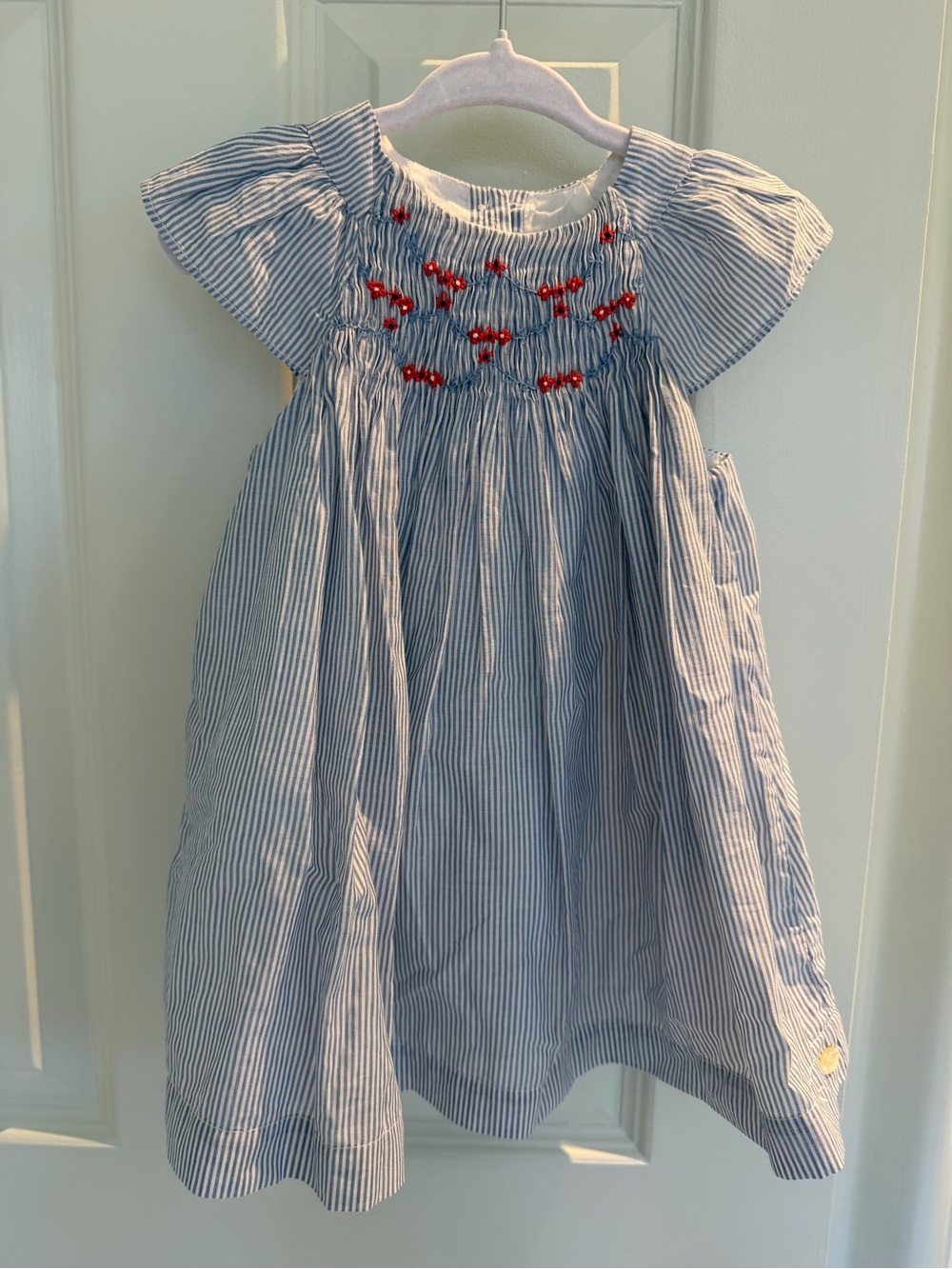Tartine et Chocolat Blue and White Striped Dress with Red Embroidery Smocking
